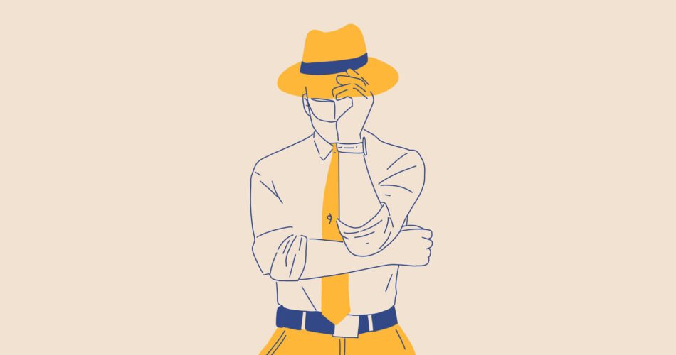 mixkit man holding the brim of a yellow fedora that covers 93 desktop wallpaper