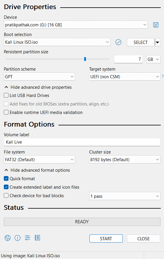 Kali Linux persistent storage rufus settings