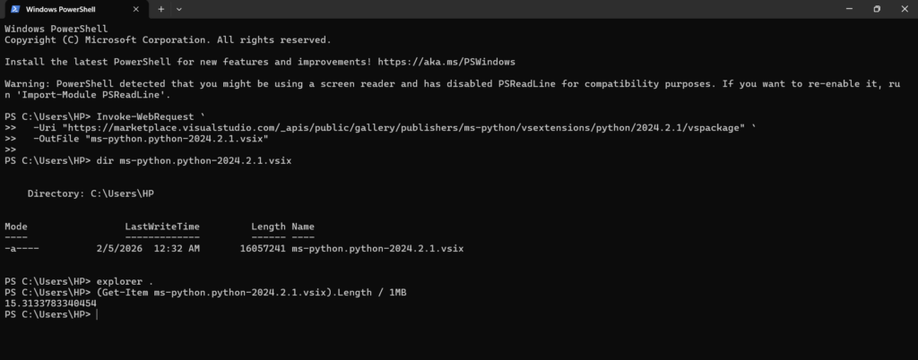 ms python vsix download powershell