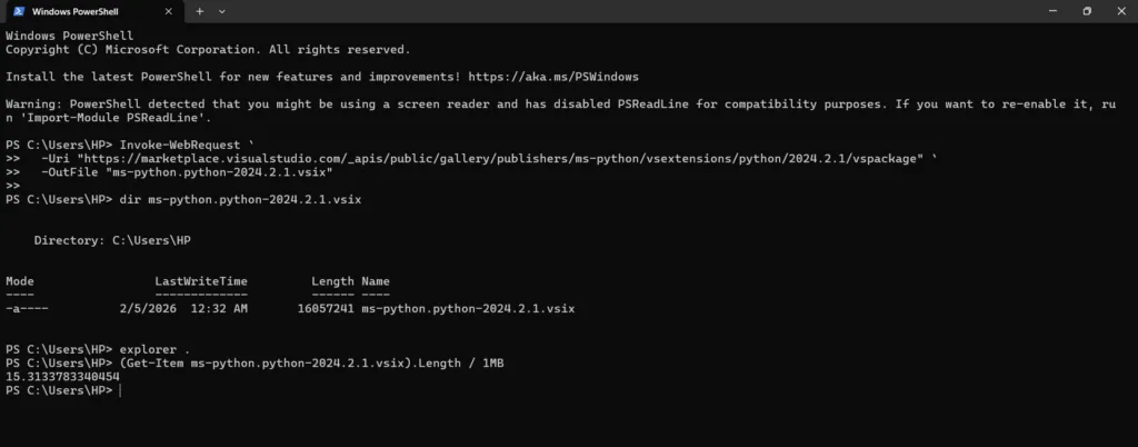 Download MS Python VSIX Extension (Offline Install 2026) 2 Downloading ms-python.python vsix from marketplace api using curl